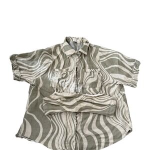 Dish Linen Button Up Shirt Abstract Wave Print Short Sleeve Womens US 10